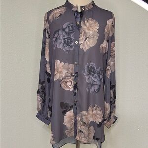 NWT Joan Vass New York Floral Button-Up Blouse Gray/Mauve/Soft Pink Size S Small